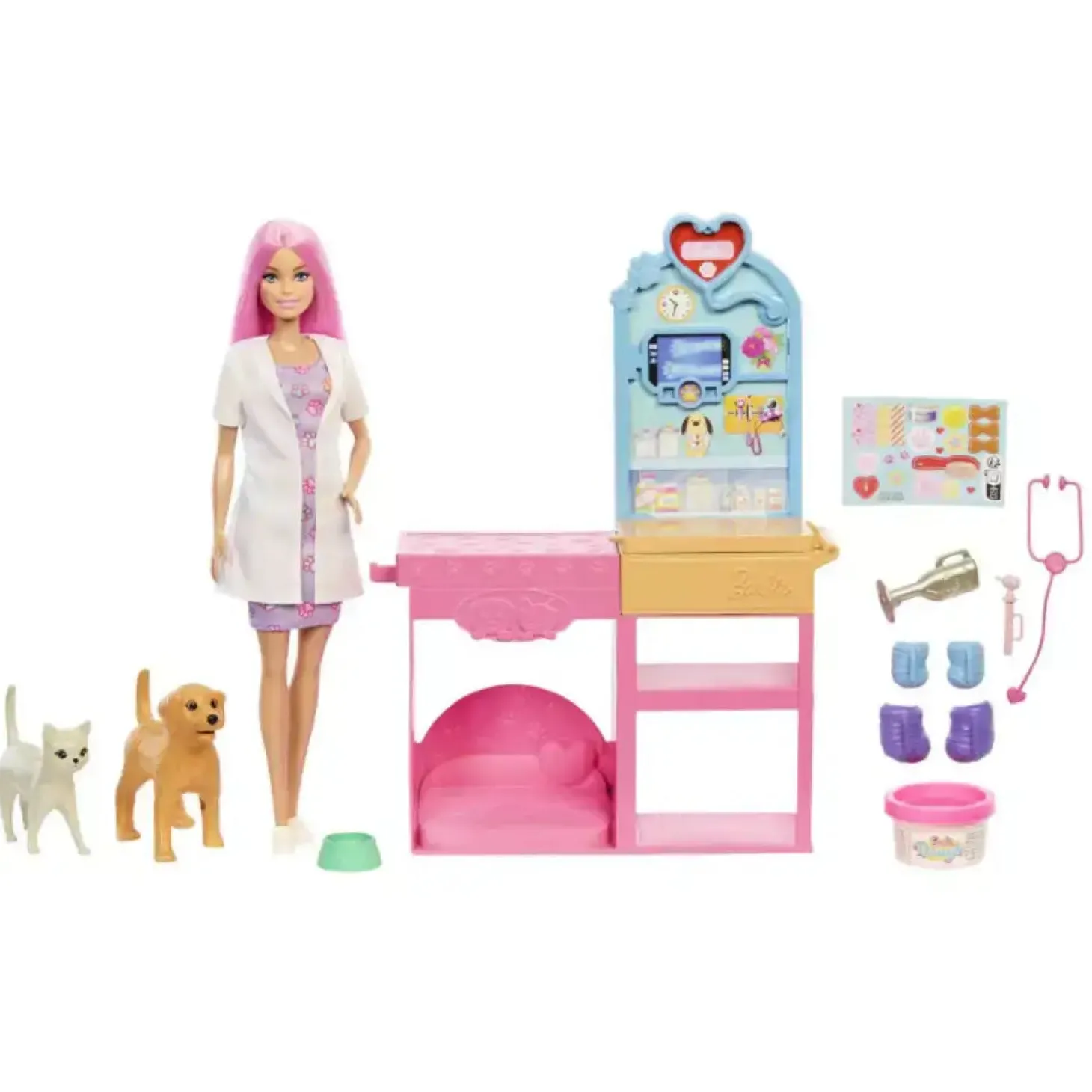 Barbie Clínica Veterinaria – Muñeca, mascotas y más de 10 accesorios con mesa de consulta