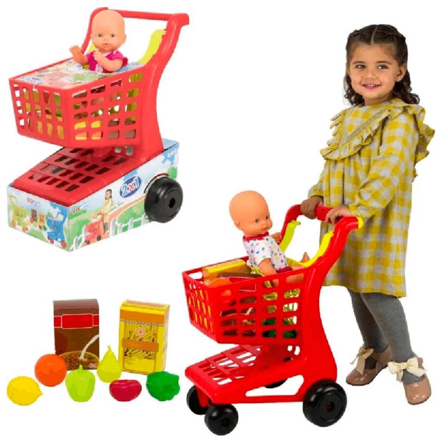 Carrito de supermercado con alimentos y muñeco