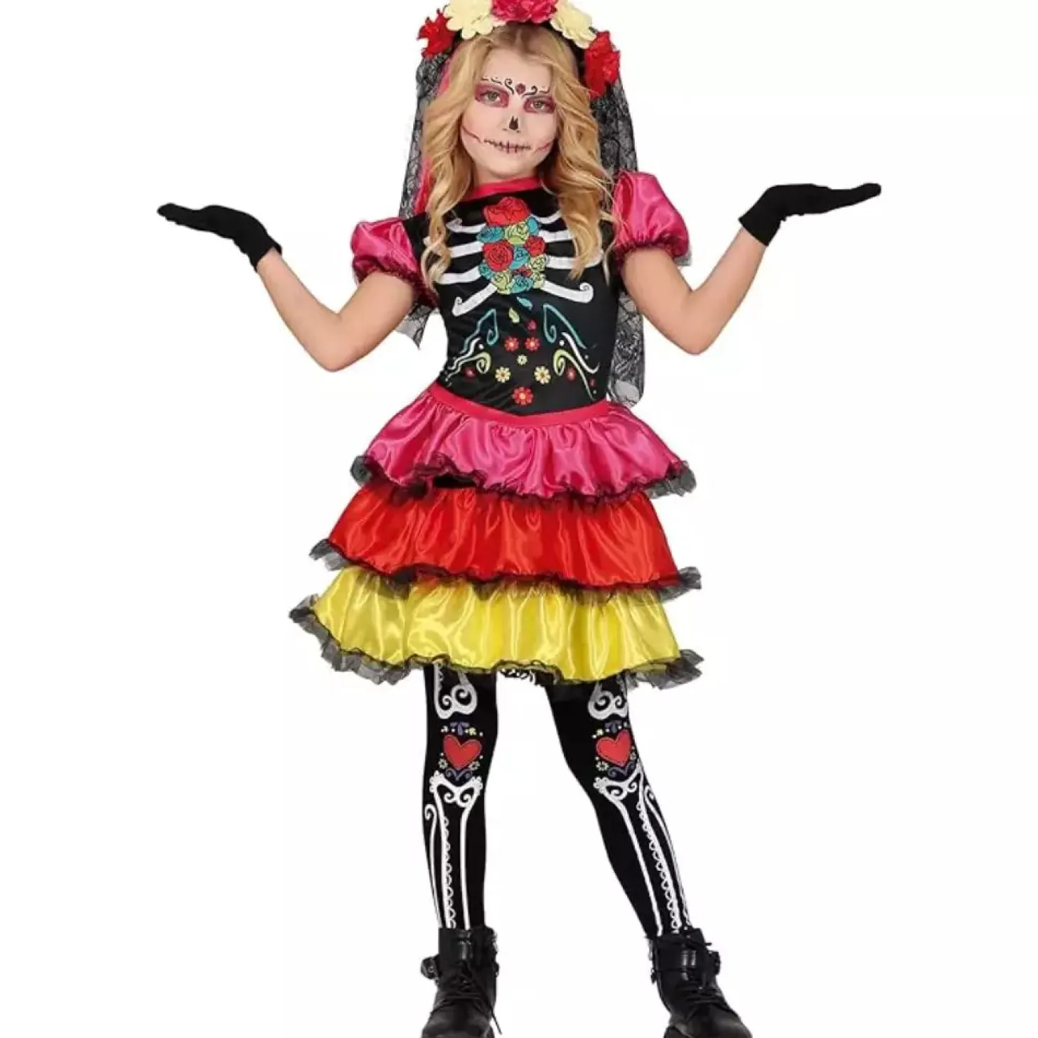 Disfraz Catrina con Falda de 3 Colores Infantil T. 7-9