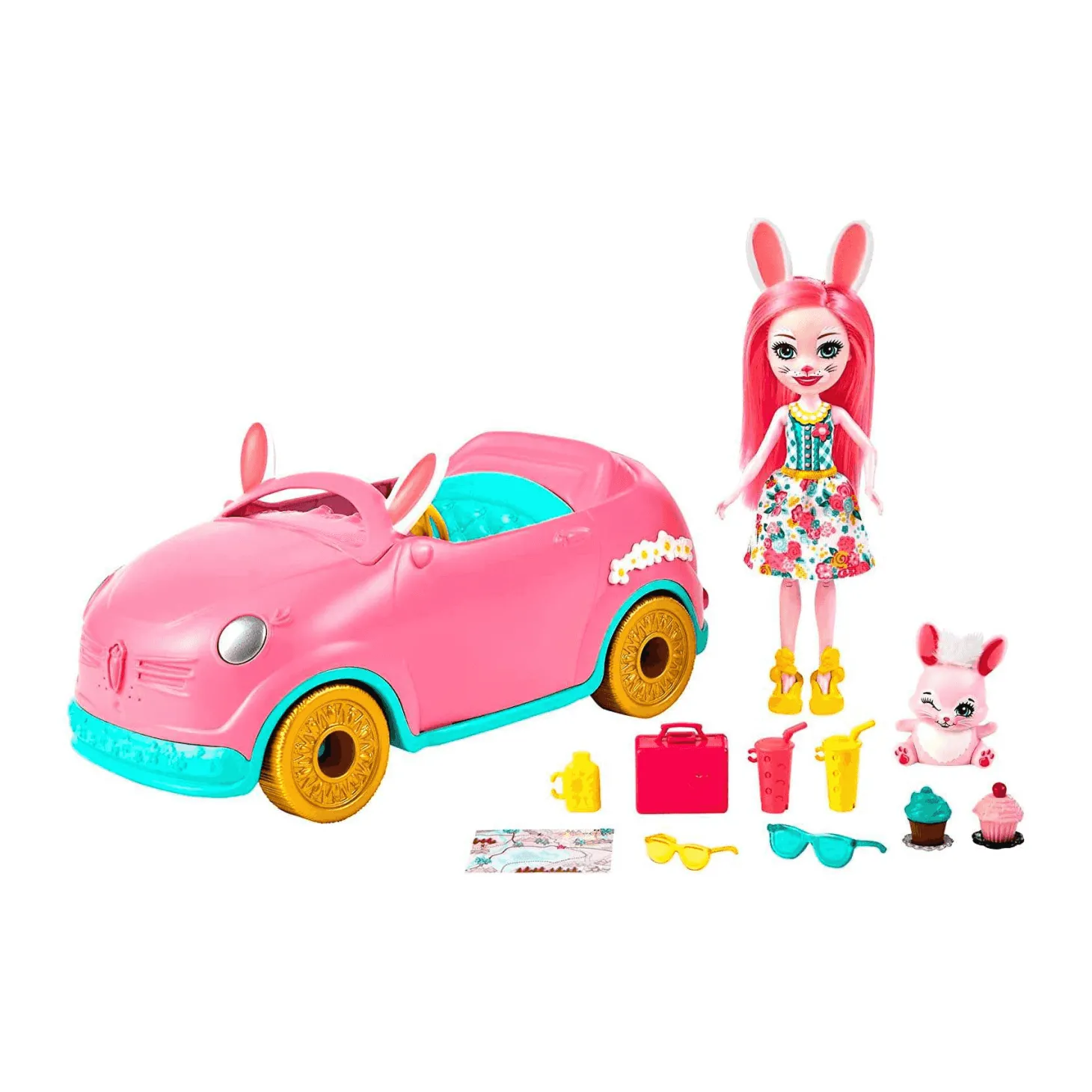 Enchantimals Bunnymóvil Muñeca Bree Bunny con coche rosa descapotable