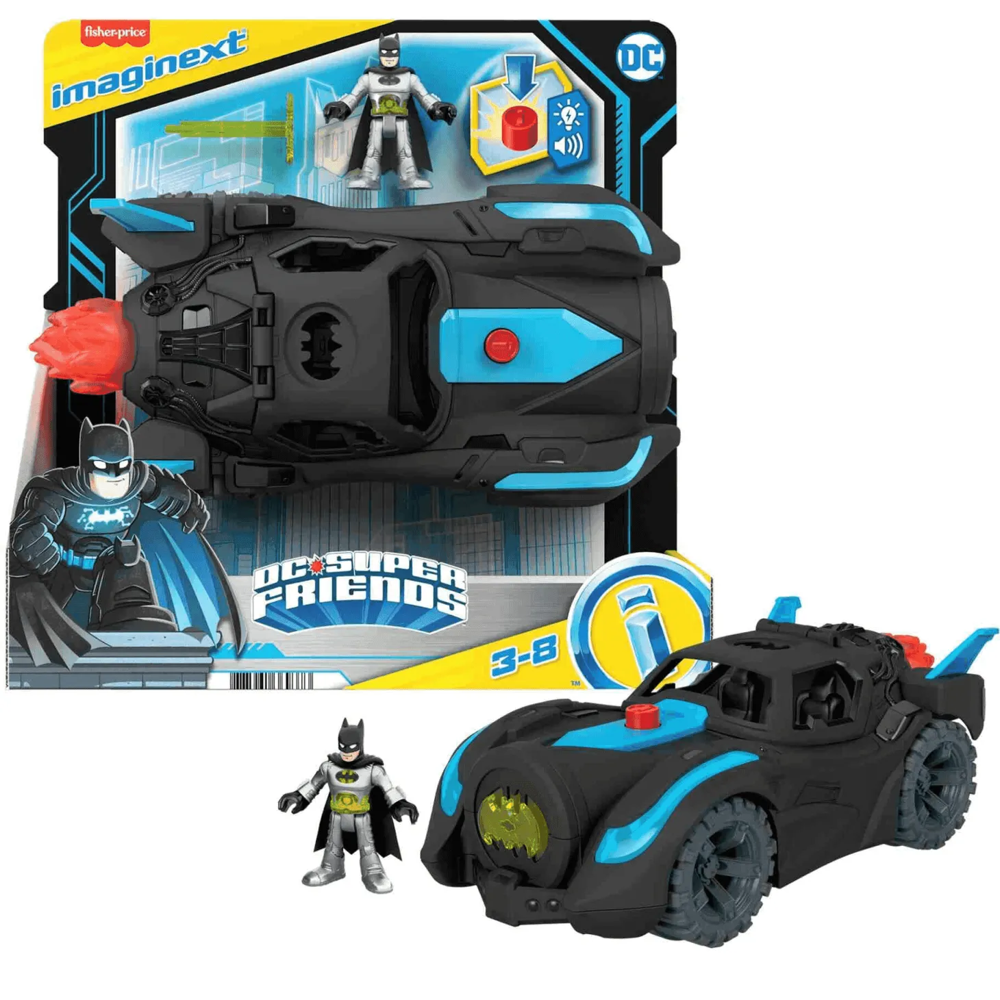 Fisher-Price Imaginext DC Super Friends Batmóvil Power Reveal Coche de juguete con luces ultraviolet