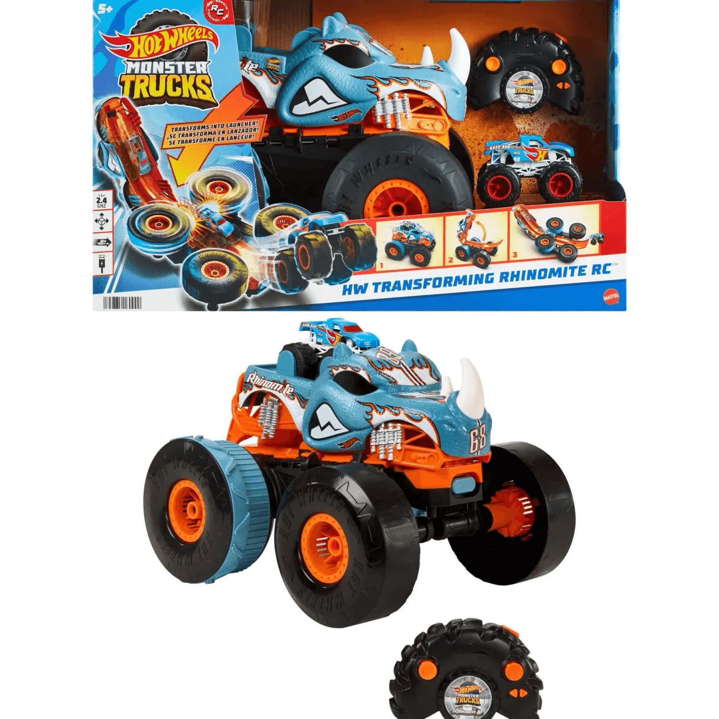 Hot Wheels Monster Trucks HW Transforming Rhinomite RC a escala 1:12 con camión de juguete Race Ace