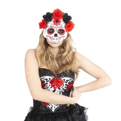 Máscara Katrina con Flores Rojas y Negras Complemento Disfraz