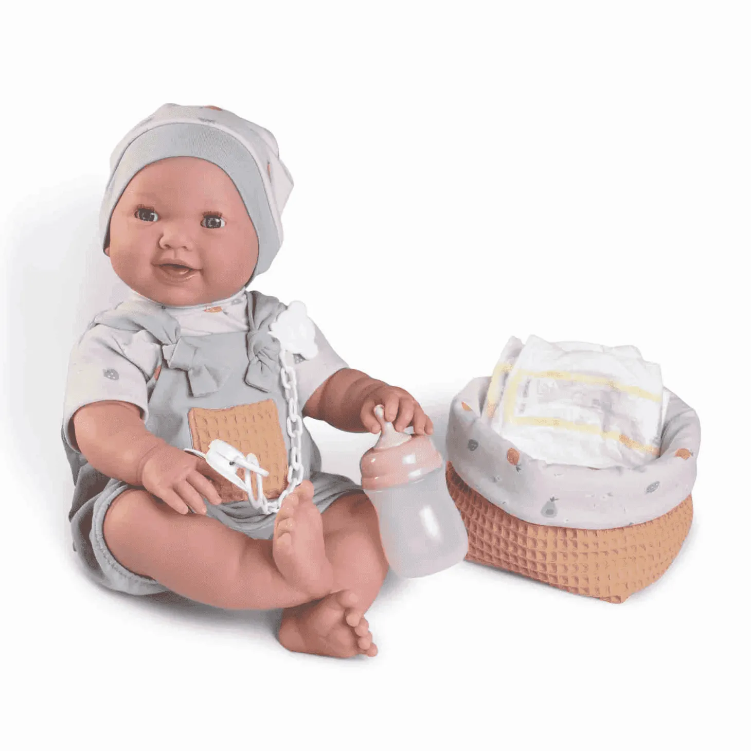 Muñeca Recién Nacida Mia hace pipí con canastilla Antonio Juan