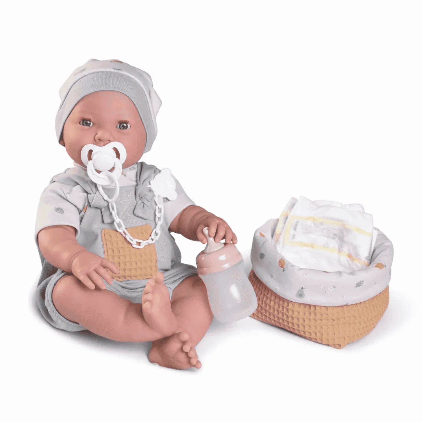 Muñeca Recién Nacida Mia hace pipí con canastilla Antonio Juan