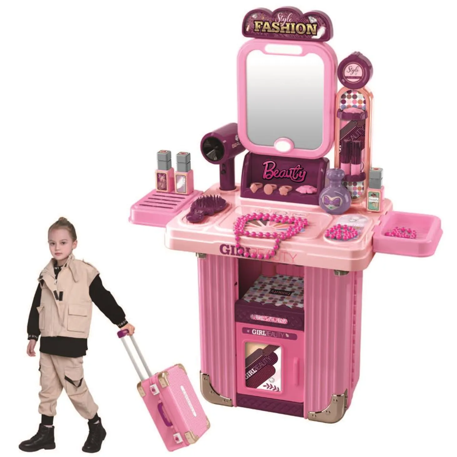 Role Planet Trolley Tocador – Tocador portátil 2 en 1 con más de 20 accesorios y espejo con luz (3+)