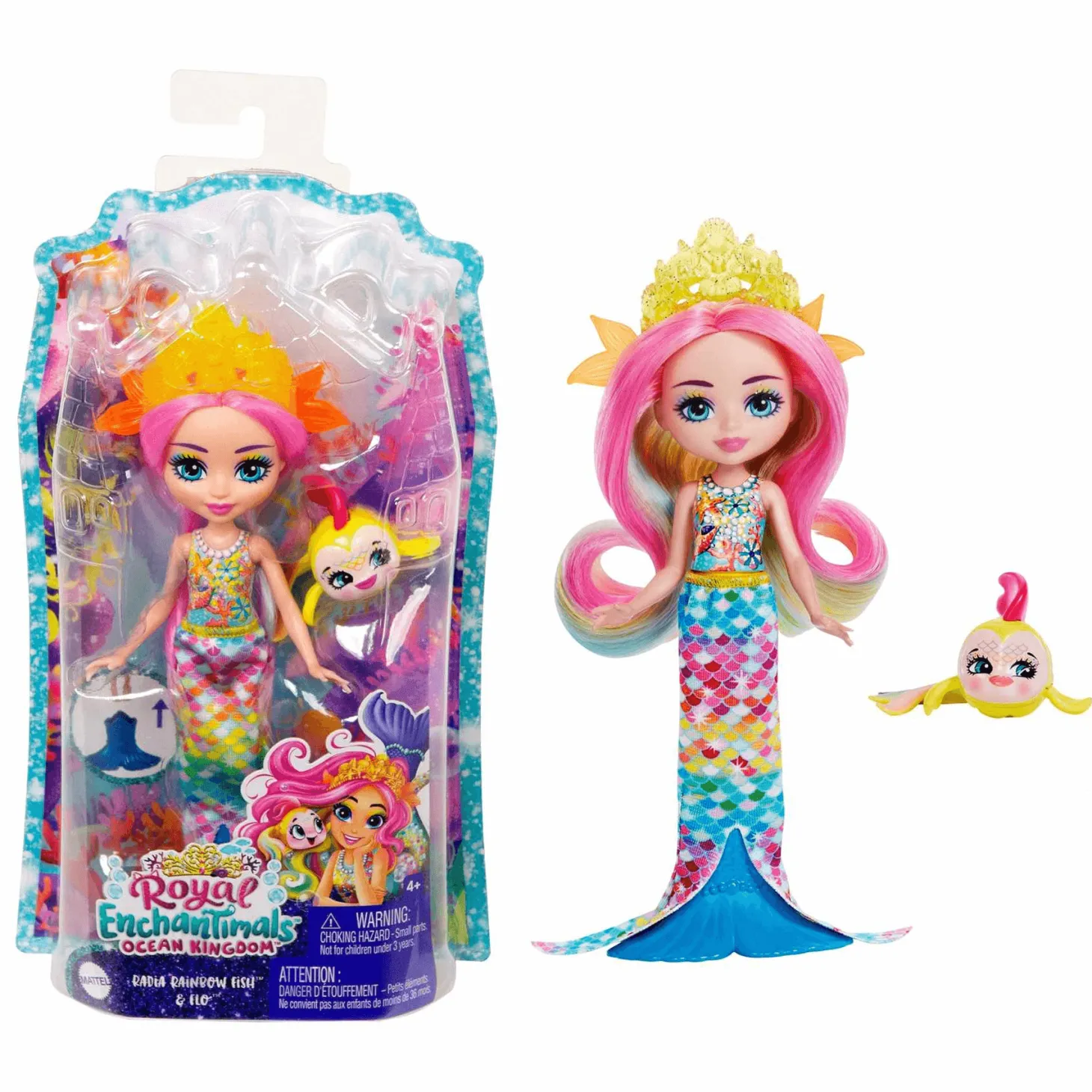 Royal Enchantimals Ocean Kingdom Muñeca Rainey Rainbow Fish con Mascota 4 años