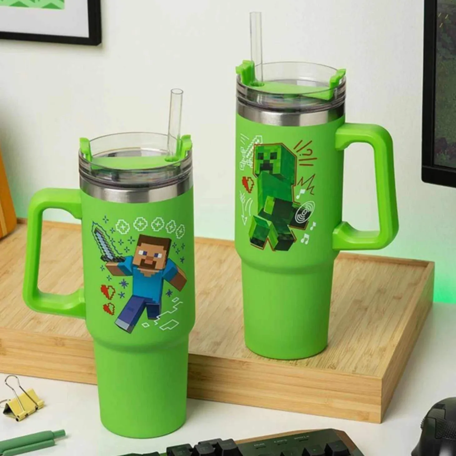 Vaso Térmico Minecraft Verde 900ml con Tapa Multiusos y Pajita