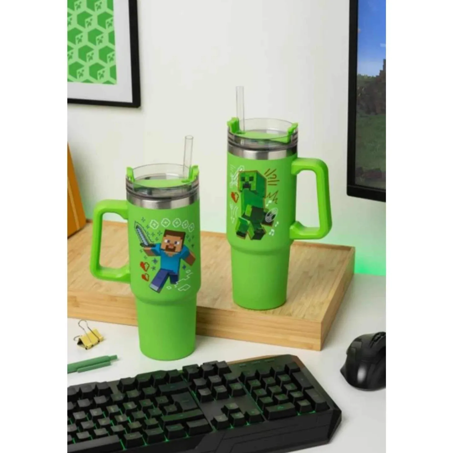 Vaso Térmico Minecraft Verde 900ml con Tapa Multiusos y Pajita